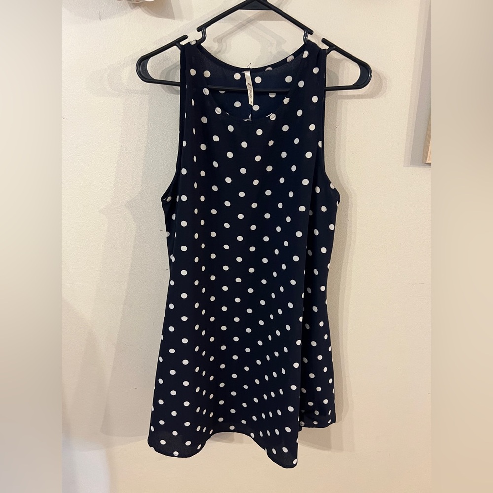 Navy polka dot flowy shift dress
